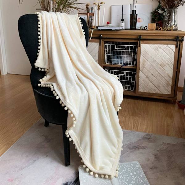 Flanellteppe med pompom-dusker, koselig sengeteppe Sof