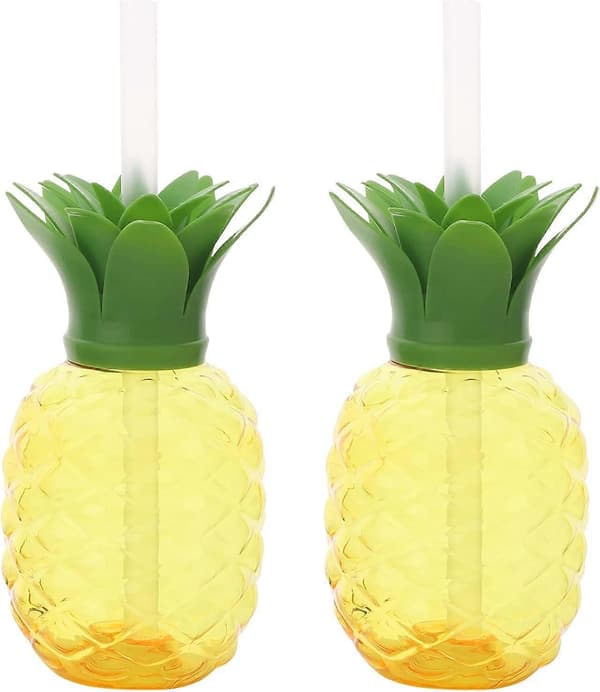 Pineapple Mugs, 2 Pcs Hawaiian Reusable Pineapple Cocktail Mugs with Straw and Removable Lid, Clear Pineapple Drinking Cups