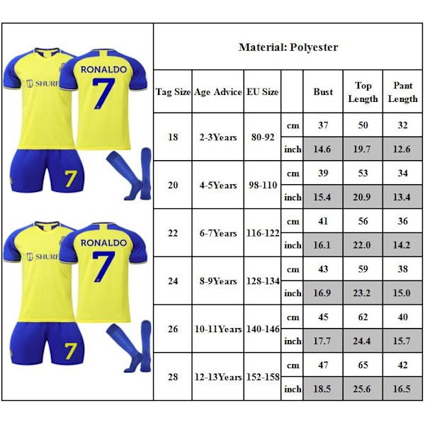 Fotbollsset #7 Fotbollsträningsuniform Ronaldo Fotbollsdräkt Kit Size 26
