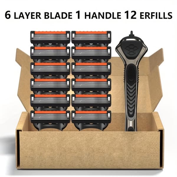 Men's Shaving Set with Non-Slip Metal Handle and 12 Replaceable 6-Blade Cartridges for Beard and Face Care, Gift Box
