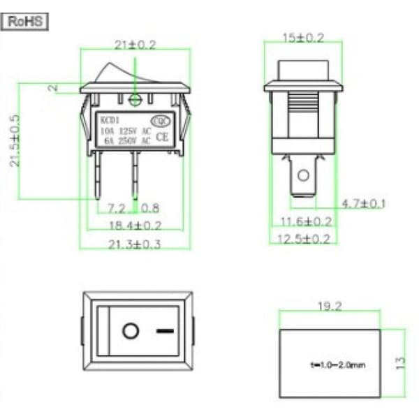 SHINING HOUSE Black Rectangular Rocker Switch ON-OFF 2 Positions 2 Terminals 6A 250VAC / 125VAC 5-pack