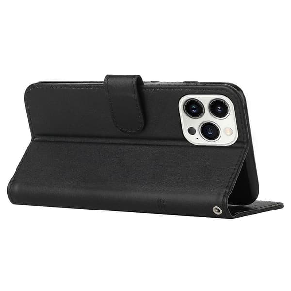 Pung etui til iPhone 15 Pro PU læder stativ Caif tekstur telefoncover med rem