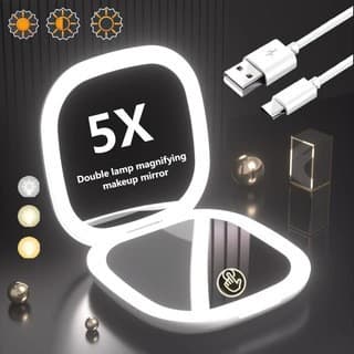 5X forstørrende sminkespeil med lys - Kompakt oppladbart speil med LED-lys, berøringskontroll, USB-C