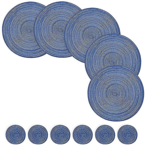 12 stk Runde Bordmatter og Underlegg Sett (38 cm x 38 cm) Blå