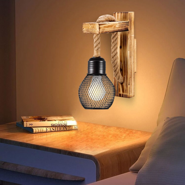 Trävägglampa Hamparep, E27 LED Retro Vägglampa Vardagsrum Sängbord Korridor Café Bar (Utan Glödlampa)