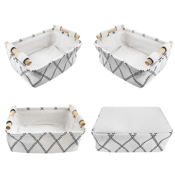 2x Decorative Storage Baskets - Empty Fabric Gift Baskets with Wooden Handles White Rectangular