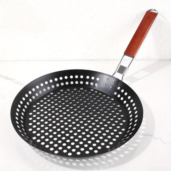 Outdoor BBQ Foldable Handle Flat Round Grill Pan Non-Stick Hollow Grill Pan BBQ Accessories