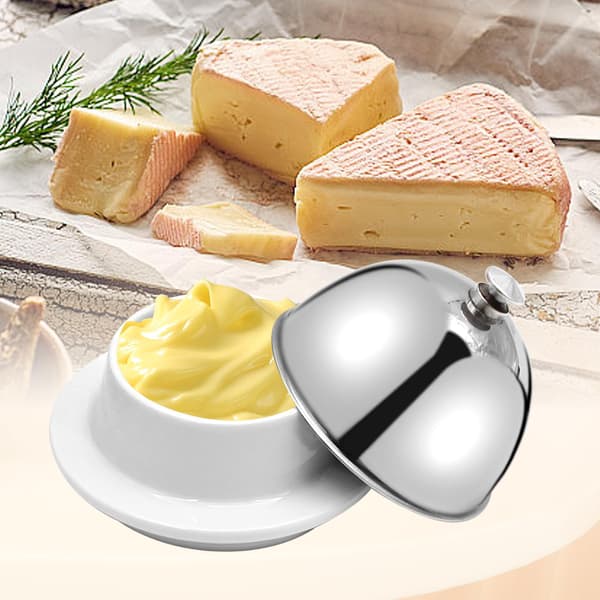 Keramisk smørskål med kuppeldæksel i rustfrit stål, ostefad