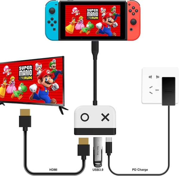 (Hvit) Switch Dock for Nintendo Switch OLED, 3-i-1 TV-adapter med