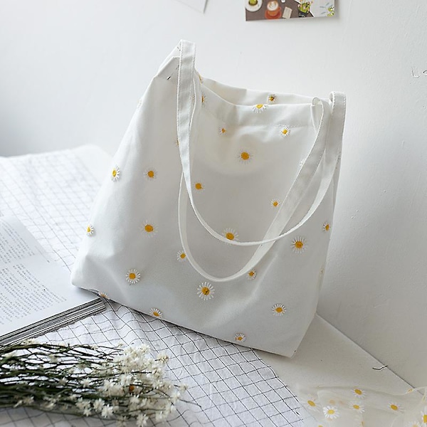 Liten Canvas Tote Bag för Kvinnor 2023 Flickor Shopper Designer Handväska Casual Broderi Med Daisy Virkad Söta Mesh Axelväskor White
