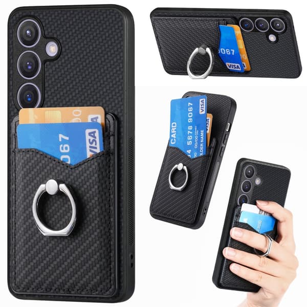 Skal Samsung Galaxy S25 Kortfack + Ring Kolfibertextur