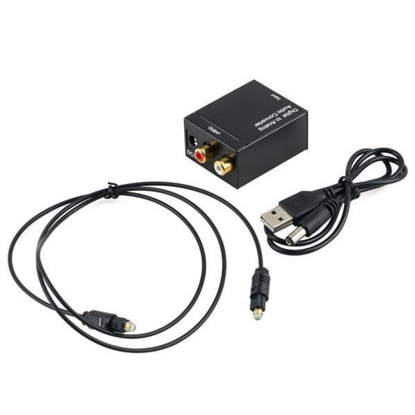 Digital to Analog Audio Converter comes with USB charging cable and optical fiber cable