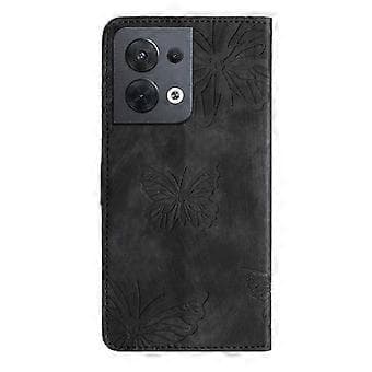 Compatible with OPPO Reno 8 5G Embossed Butterfly Case with Wallet and Stand Function - Black Black