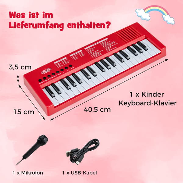 Barnpiano, 37 tangenter, 8 rytmer, rött, med mikrofon