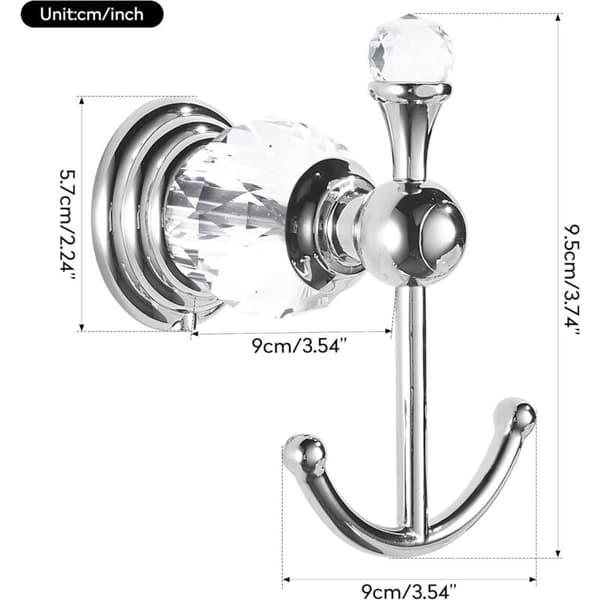 Crystal Chrome Towel Hook, Robe Hook, Double Silver Bathroom Hooks for Clothes, Wall Mounted in Modern Style