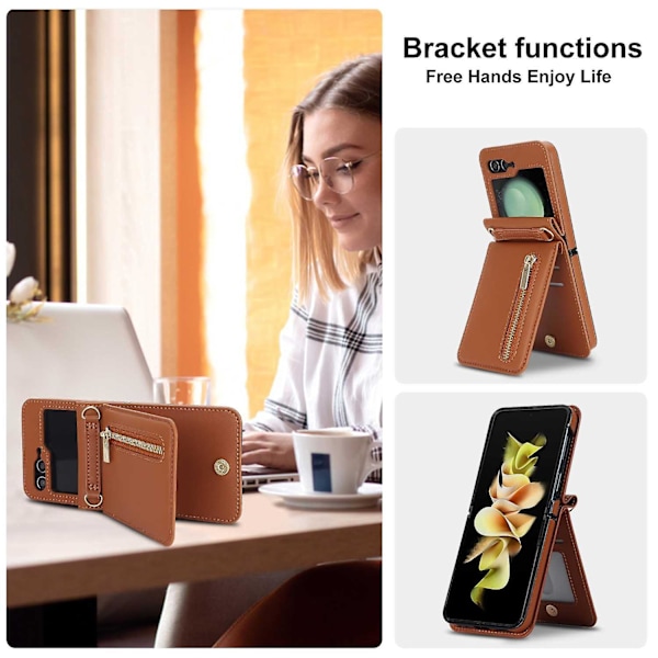 Z Flip 5 Pung Etui, Crossbody Lynlås Læder Etui med Stativ til Samsung Galaxy Z Flip 5 med Kortlommer Brown