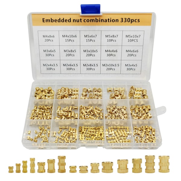 330 st M2/ M3/ M4/ M5 mässingsmutterinsatser 15 storlekar räfflade