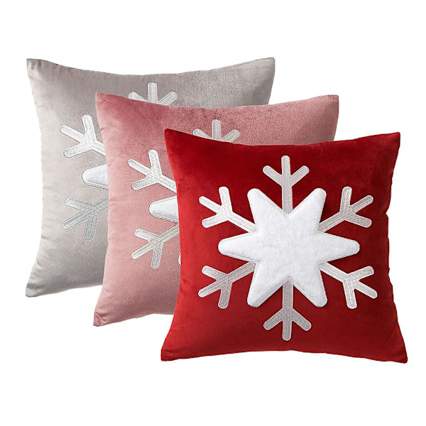 Julepute i fløyel med julemotiv - 3D-plysj snøfnugg-applikasjon, brodert, firkantet putetrekk, rosa