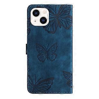 Compatible with iPhone 13 Mini Embossed Butterfly Case with Wallet and Stand Function - Blue Blue Blue