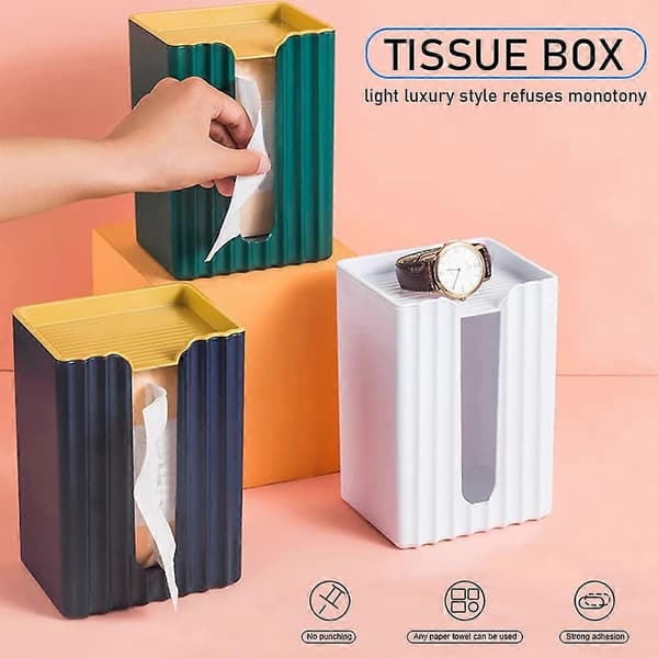 Creative Wall-Mounted Tissue Box Holder, Self-Adhesive Bathroom Tissue Dispenser Box, Tissue Storage Box with Storage Shelf (Green)