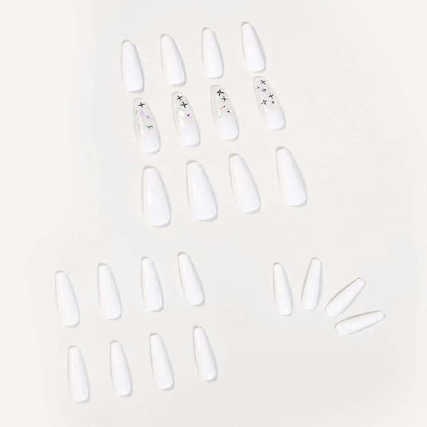 Coffin False Nails White Long False Nails Star Glitter Press On Nails 24pcs