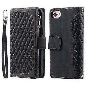 Compatible Case for iPhone 16e, Rhombus Pattern Leather Wallet Case with Strap (Black)