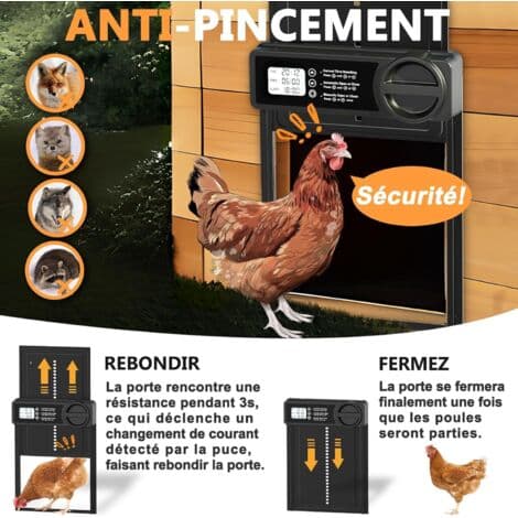 Automatic Chicken Coop Door with Timer - LCD Screen - Quick 10-Minute Installation - Obstacle Safety Sensor - Waterproof Aluminum