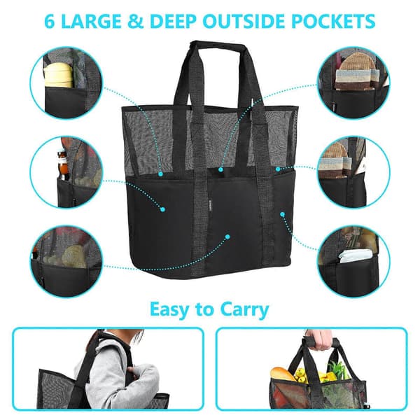 Cabilock Mesh Beach Bag Tote Bag Foldable Grocery Bag with Extra 6 Outer Pockets (Black)