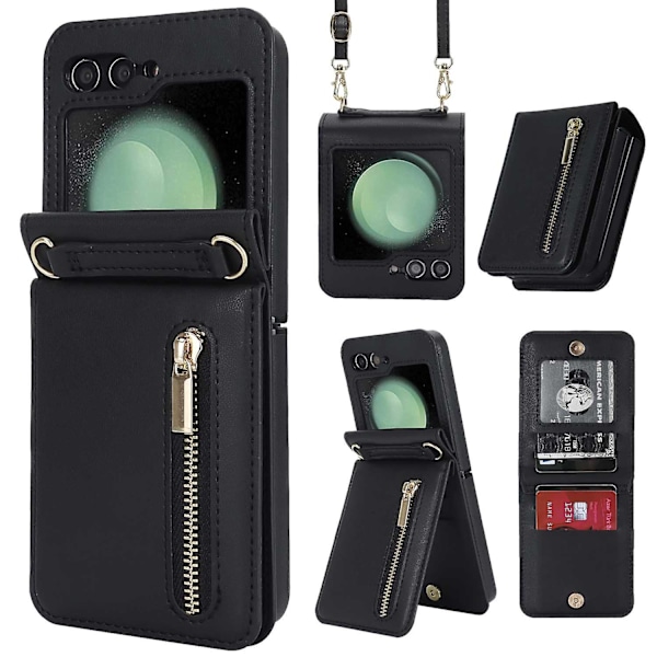 Z Flip 5 Lommebokdeksel, Crossbody Glidelås Lærdeksel med Stativ for Samsung Galaxy Z Flip 5 med Kortlommer Black