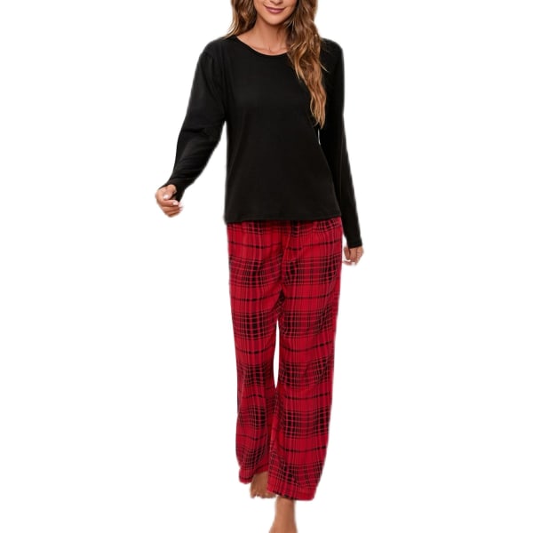 Fritidskläder Dam Rund Hals Lounge Set Sovkläder Rutig Pyjamas Två Delar Outfits Elastisk Midja Loungewear, Färg: Svart, Storlek: Xxl