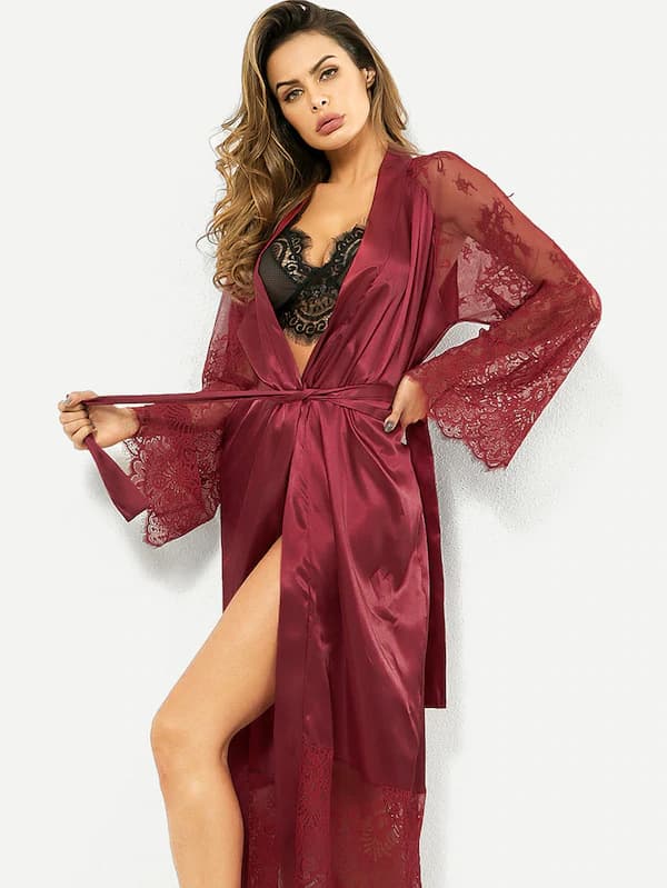 L, Kimono Badekåber Lang Silke Satin Sort Kimono Badekåbe