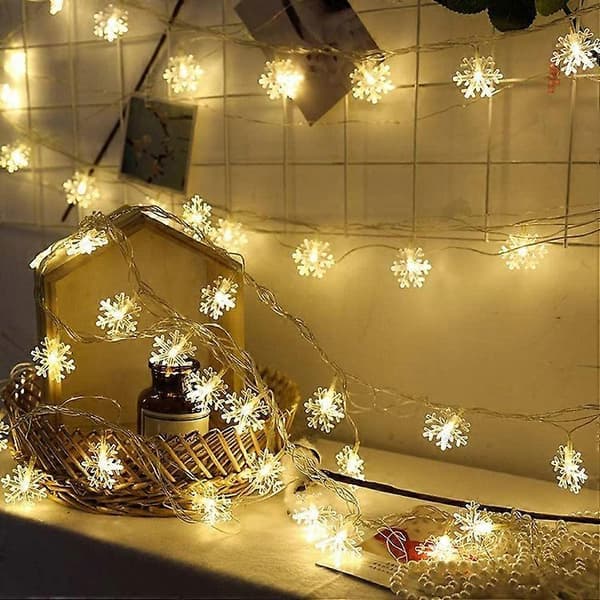 3m 20-LED Snowflake String Lights, Warm White Flashing Battery USB Christmas Decoration