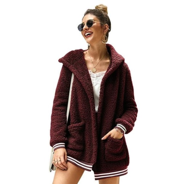 Women's Oversize Fleece Plush Jacket Long Sleeve Cardigan Outwear Teddy JacketRedL