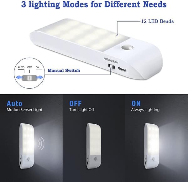 Automatic LED Night Light [2-pack], 12 LED USB Rechargeable Wardrobe Night Light with Motion Sensor Magnetic Adhesive Strip, 3 Modes (Auto/On/Off)