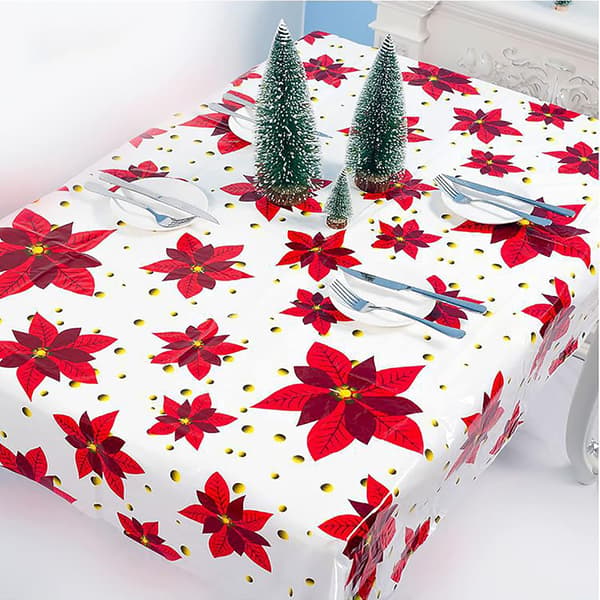 Julebordsduk Sett med 3 Juleblomstbordsduker 150 x 220 cm Xmas Rektangulær Fest Vanntett Bordsduk for Vinterferiefest Flik