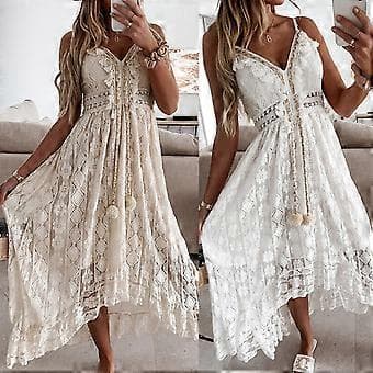 Off Shoulder Spets Patchwork Elegant Klänning Dam Sommar V Ringning Spaghettiband Klänning Kvinnlig Mode Enfärgade Festklänningar Vit L(L Vit)