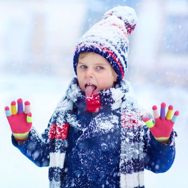 Barnhandskar Färgglada randiga stickade vinterhandskar Magic helfingerhandskar Elastiska varma handskar för pojkar, flickor, unisex, 5-10 år, 6 par
