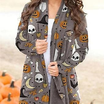 Langærmede cardigans til kvinder, mellemlange jakker, åben front, langærmet Halloween-mønstret top til hverdagsbrug, uden knapper