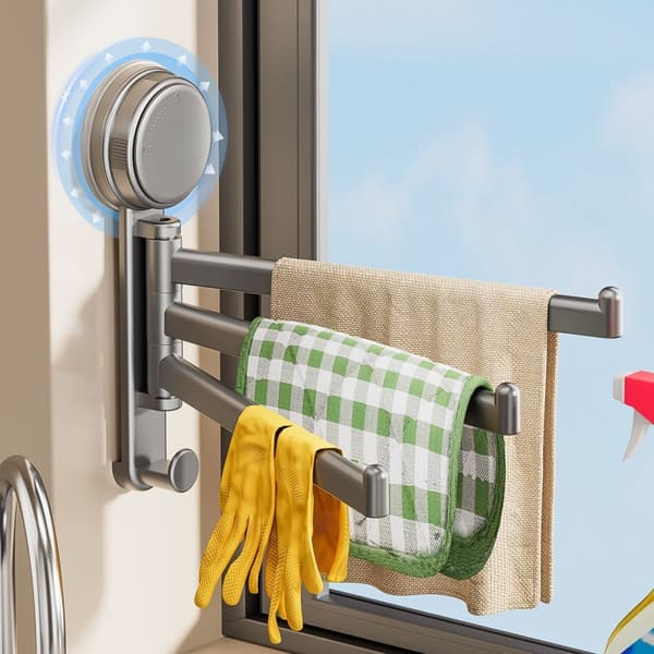 Suction Cup Kitchen Towel Holder - Rotating Dishcloth Holder for Sink Window - Wall Mounted Multi-Bar Sponge Drying Rack