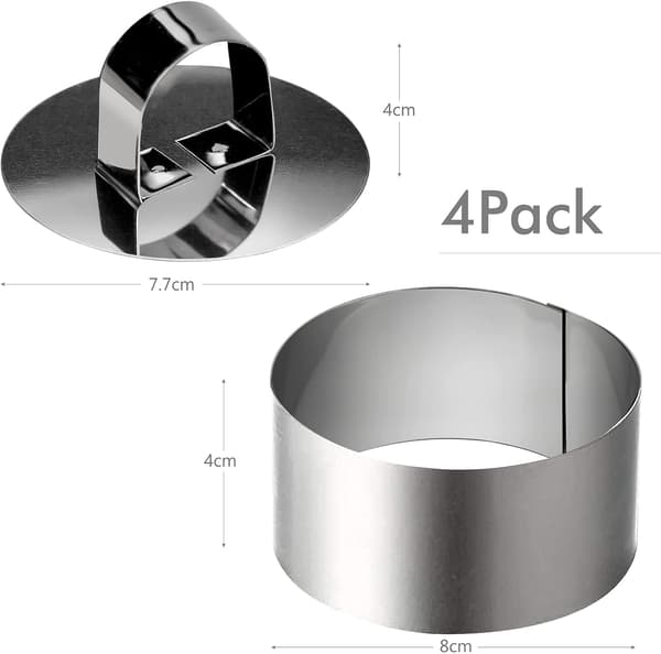 4 stk. runde bageforme i rustfrit stål, madringe til bagning med 4 madpressere - 8x4cm