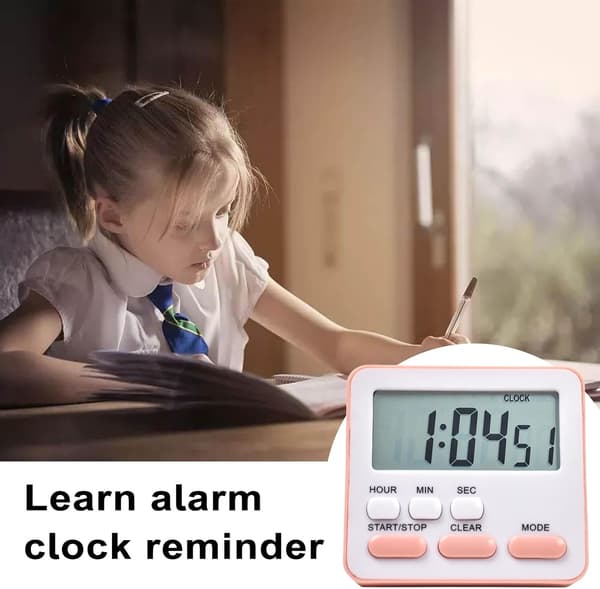 Elektronisk timer, køkkentimer, timer til læringsstyring, LCD digitalt nedtællingsur med stativ rosa
