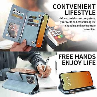 Læderpung-etui med lynlås til iPhone 15 Pro Max (Lyseblå)