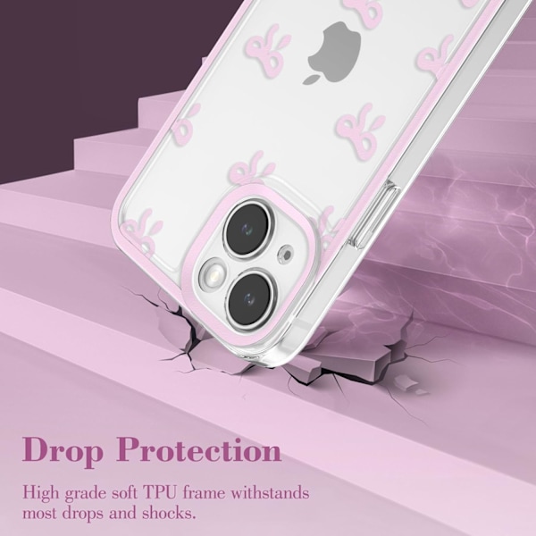 Cover til iPhone 15, Gennemsigtigt Sødt Bånd Sløjfe Mønster Æstetisk Transparent Mobilcover Hævet Kamerabeskyttelse til Piger - Pink iPhone 15