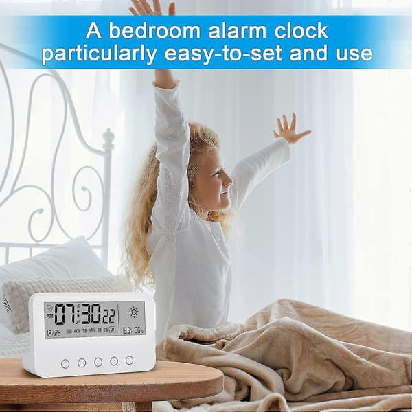 Digital alarm clock for bedroom, battery-powered desk clock, with countdown, weather, night light, date