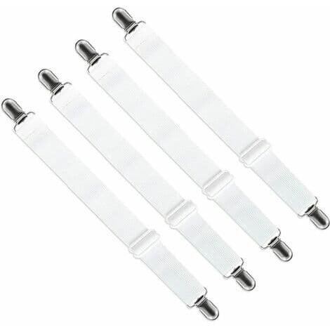 Elastic Sheet Holder, Adjustable Fastener with Clips for Sheets, Sofa, Covers (White, 4-Pack, Extended Section)-FA7-