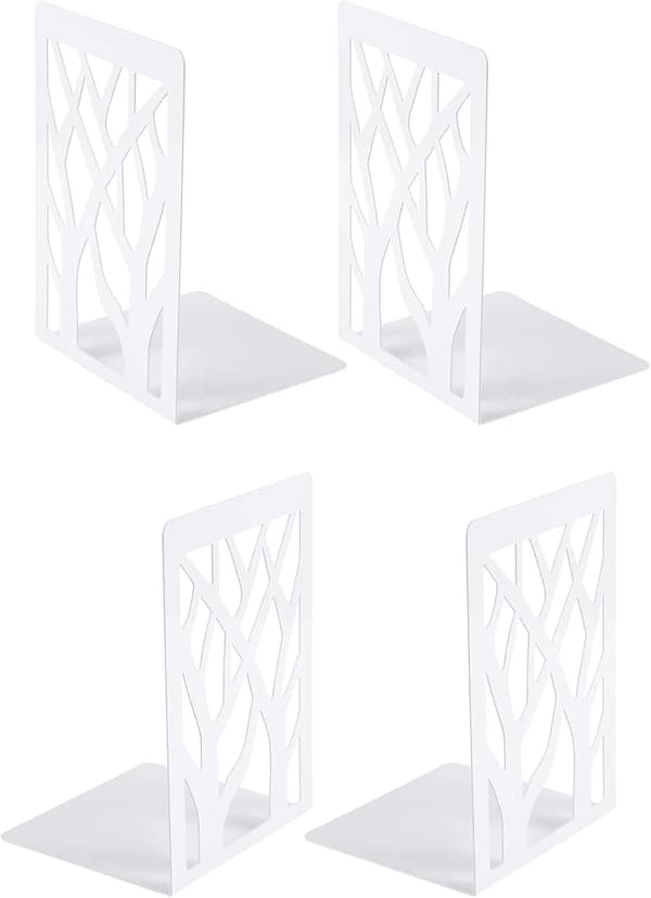 Bookends, (White) 2 Pairs Innovative Metal Bookends Tree Book Press