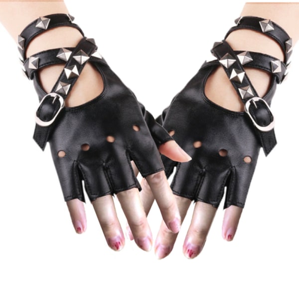 Punk handskar i konstläder för kvinnor Nita bälte upp eller knäppa halvfinger Performance-vantar