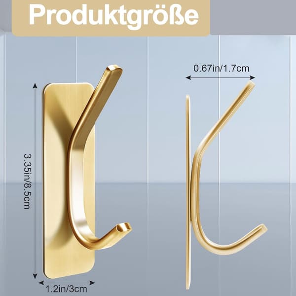 Self-adhesive wall hooks, 4-pack waterproof stainless steel double hooks, 3 kg capacity, bathroom kitchen, gold, 8.5 x 3 cm