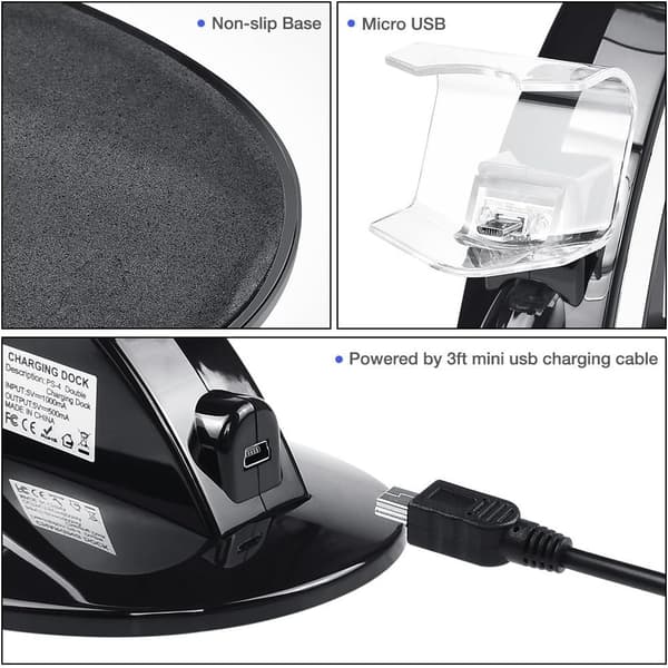(Sort) PS4 Controller Ladestation, Dobbelt USB Hurtigopladningsstander med LED-indikator, Kompatibel