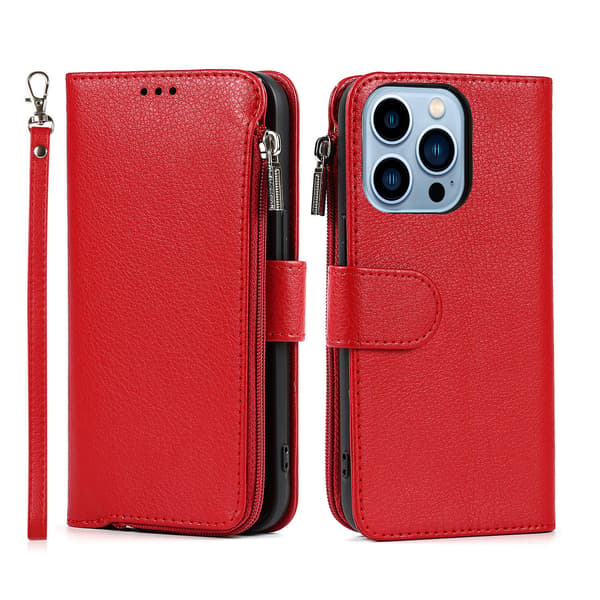 Compatible with iPhone15ProMax - Zipper Case, Flip Case with Shoulder Strap Brown Brun